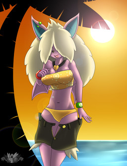 anthro beach bikini bra breasts clothed clothing ear_piercing female hair jewelry long_hair membrane_(anatomy) membranous_wings navel necklace outside piercing plant purple_body purple_skin seaside skimpy sky solo sun swimwear tongue tongue_out tree two-piece_swimsuit underwear water white_hair wings wristband latiar mario_bros nintendo luigi mario skootch bat mammal 2014 hi_res