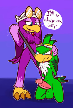 anthro areola balls beak big_areola big_nipples blue_eyes blush bodily_fluids breasts cross-popping_vein dominant dominant_female dripping duo erection eyewear female genital_fluids genitals goggles leash leash_pull male male/female nipples nude penis precum precum_drip simple_background text vulva ultilix sega sonic_riders sonic_the_hedgehog_(series) jet_the_hawk wave_the_swallow accipitrid accipitriform avian bird hirundinid oscine passerine swallow_(bird) english_text hi_res