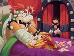 anthro bed bedroom blush bystander cake castle_wall dessert duo eating eating_food food food_on_face furniture gift heart_symbol humiliation letter male messy o_o open_door prank shocked solo_focus under_covers chipsgowoah mario_and_luigi_(series) mario_bros nintendo bowser luigi human koopa mammal reptile scalie turtle absurd_res hi_res watermark