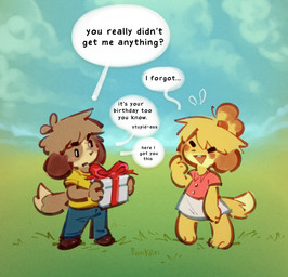 anthro birthday birthday_gift bottomwear clothing cloud dialogue duo female gift grass male pants plant shirt skirt speech_bubble standing text topwear panken animal_crossing nintendo digby_(animal_crossing) isabelle_(animal_crossing) canid canine canis domestic_dog mammal 2025 english_text hi_res brother_(lore) brother_and_sister_(lore) sibling_(lore) sister_(lore)