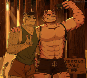 abs anthro backpack beard biceps bottomwear brown_hair clothed clothing directional_arrow duo electronics eyebrows facial_hair facial_tuft forest fur gesture hair hand_gesture light male male/male markings muscular muscular_anthro muscular_male orange_body orange_fur outside pawpads paws pecs phone plant selfie serratus shirt shirtless shorts smile spots spotted_body spotted_fur straps striped_body striped_fur stripes sunlight tail tan_body tan_fur tan_skin tank_top text topless topwear trail tree tuft v_sign roynce_yetra felid feline mammal pantherine tiger 2025 english_text hi_res watermark