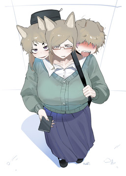 3_heads bag big_breasts bottomwear breasts clothing collar electronics eyewear female footwear glasses green_clothing green_shirt green_topwear high-angle_view holding_object holding_phone looking_at_viewer multi_head phone rectangular_glasses red_eyewear red_glasses shirt shoes skirt smile solo tongue tongue_out topwear maikamiaka haewn_(maikamiaka) phech_(maikamiaka) ploy_(maikamiaka) animal_humanoid canid canid_humanoid canine canine_humanoid dog_humanoid humanoid mammal mammal_humanoid 2025 digital_media_(artwork) hi_res