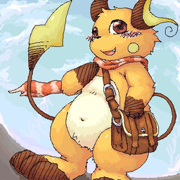 ambiguous_gender blue_sky chibi dipstick_tail feral fur gloves_(marking) kemono leg_markings markings scarf semi-anthro shoulder_bag sky socks_(marking) solo tail tail_markings white_body white_fur yellow_body yellow_fur su1ka nintendo pokemon generation_1_pokemon pokemon_(species) raichu 1:1 2008 aliasing digital_media_(artwork) japanese_description low_res