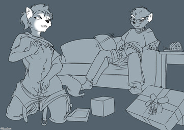 anthro areola belt biped black_nose bottomwear bottomwear_down box breasts character_transformation clothed clothed_herm clothed_male clothing container duo erection flaccid front_view furniture gender_transformation genitals genitals_shrinking gift_box glans herm human_to_anthro intersex intravaginal_penis kneeling looking_at_another looking_pleasured male markings masturbation mid_transformation mtf_transformation nipples on_sofa pants pants_down partially_clothed penile penile_masturbation penis penis_shrinking sackless simple_background sitting sitting_on_sofa sofa species_transformation spread_legs spreading tail tail_motion tailwag text transformation vulva white_markings halcy0n nintendo star_fox fox_mccloud krystal_(star_fox) 2020 artist_name english_text hi_res monochrome story story_in_description