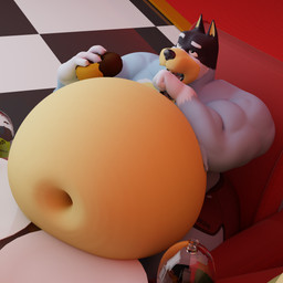 anthro belly belly_expansion beverage_bottle big_belly bloated blue_body blue_fur bottle bottomwear clothed clothing container expansion fur half-closed_eyes holding_donut hotpants male musclegut muscular muscular_anthro muscular_male narrowed_eyes navel open_mouth overweight overweight_anthro overweight_male red_bottomwear red_clothing red_shorts shorts sitting soda_bottle solo topless topless_male weight_gain onehundredandone codans_(modeler) bluey_(series) bandit_heeler australian_cattle_dog canid canine canis cattledog domestic_dog herding_dog mammal pastoral_dog absurd_res hi_res