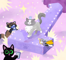 :3 ambiguous_gender camera countershading crown curtains electronics eyes_closed feral green_eyes group headgear mouth_closed open_mouth pawpads paws phone purple_background simple_background smile social_media sparkles stage strutting taking_picture toony walking whiskers yellow_eyes shanhorandraws little_kitty_big_city beetle_intern_(lkbc) little_kitty_(lkbc) taffy_(lkbc) tanuki_(lkbc) canid canine domestic_cat felid feline felis mammal raccoon_dog tanuki 2025 hi_res official_art