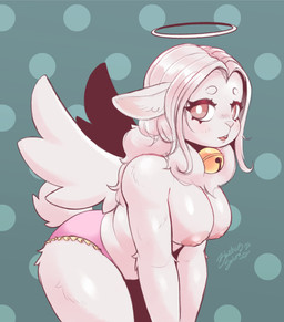 anthro areola bell big_breasts blush breasts clothed clothing feathered_wings feathers female fur hair halo looking_at_viewer neck_tuft nipples open_mouth panties pink_clothing pink_nipples pink_panties pink_underwear pupils ruffled_underwear simple_background solo tail text topless tuft underwear white_body white_fur white_pupils wings blasticussaturn pofla_(miniilamb) angel bovid caprine mammal sheep 2026 absurd_res digital_media_(artwork) hi_res signature