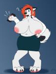 anthro big_breasts breasts canid canine canis carifoxleopard clothed clothing domestic_dog female hi_res huge_breasts husky mammal nipples nordic_sled_dog open_clothing open_shirt open_topwear question_mark shirt simple_background solo spitz standing surprise topwear