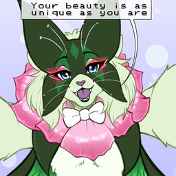 anthro blue_eyes blush blush_lines bow_tie fangs female fur green_body green_fur green_hair hair hugging_viewer looking_at_viewer open_mouth simple_background solo speech_bubble teeth text whiskers cajunfoxnight nintendo pokemon fan_character zatanna_(cajunfoxnight) felid feline generation_9_pokemon mammal meowscarada pokemon_(species) 1:1 2025 dated english_text signature