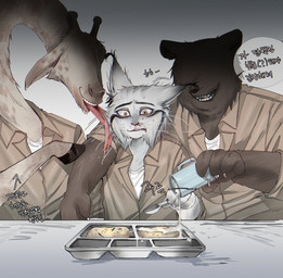 anthro cheek_lick face_lick group licking long_tongue male male/male nervous prison prison_uniform scared text tongue trio bb46210522 disney zootopia pawbert_lynxley bear canada_lynx felid feline giraffe giraffid lynx mammal hi_res korean_text translated