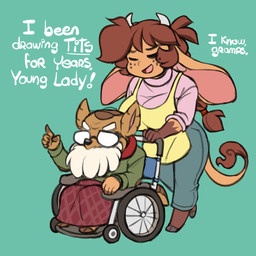 5_fingers anthro apron beard big_breasts bottomwear braided_hair breasts brown_body brown_fur chibi clothed clothing cloven_hooves dialogue duo eyes_closed eyewear facial_hair female fingers freckled_face freckles fur glasses hair hooves horn humanoid_face male pants standing sweater tail text topwear vehicle wheelchair chalo las_lindas chalo_(character) mora_linda armadillo bovid bovine cattle mammal xenarthran 1:1 english_text hi_res
