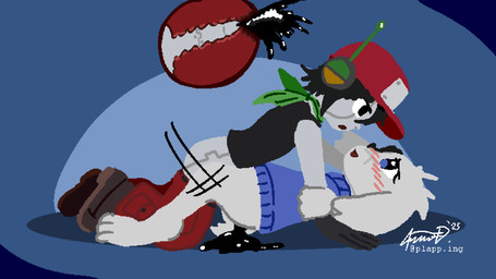 antenna_wire antennae_(anatomy) anthro black_clothing black_hair black_shirt black_topwear blue_clothing blue_eyes blue_sweater blue_topwear blush blush_lines bodily_fluids brown_clothing brown_footwear brown_shoes clothing cum duo female footwear from_front_position fur genital_fluids genitals grey_body hair hat headgear headwear internal long_ears lying machine male male/female metal_penis missionary_position oil on_back penis red_clothing red_hat red_headwear sex shirt shoes sweater text topwear unusual_bodily_fluids unusual_cum unusual_genital_fluids white_body white_fur neonwabbit cave_story quote_(cave_story) sue_sakamoto humanoid lagomorph mammal mimiga robot robot_humanoid 16:9 2025 digital_media_(artwork) hi_res pixel_(artwork) signature url widescreen