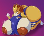 anthro areola big_breasts big_butt breasts brown_areola brown_nipples butt claws clothing female gradient_background huge_breasts huge_butt kneeling nipples simple_background solo wardrobe_malfunction hexami nintendo pokemon sandpancake generation_1_pokemon pokemon_(species) sandslash colored