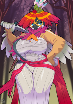 anthro anthro_on_anthro beak big_breasts breasts clothed clothing female female_anthro melee_weapon ranged_weapon solo weapon rwqart nintendo pokemon pokemon_legends_arceus avian generation_7_pokemon generation_8_pokemon hisuian_decidueye hisuian_form pokemon_(species) regional_form_(pokemon) hi_res