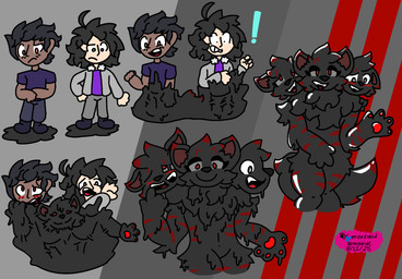 3_heads anthro black_body black_fur blush clothing duo female fur goo_transformation latex liquid_latex male male/female male/male multi_head red_eyes tail takeover transformation moxxiecd european_mythology greek_mythology mythology canid canid_demon canine cerberus demon hellhound mammal mythological_canine mythological_creature hi_res