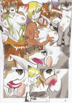 5_fingers age_difference anthro anthro_on_anthro balls big_breasts blindfold blonde_hair blue_eyes blush bodily_fluids bottomwear bound breast_grab breasts brown_body brown_fur brown_hair clothed clothed_to_topless clothing facial_markings fellatio female fingers flaccid forced forced_oral forced_partners foreskin fur genitals gloves_(marking) green_clothing green_topwear grey_body grey_eyes grey_fur grope group hair hand_on_breast hands_behind_back head_markings holding_knife holding_object humanoid_genitalia humanoid_penis interspecies kidnapping kneeling knife larger_female leg_markings licking male male/female markings mask_(marking) multicolored_body multicolored_fur nipples nude older_female one_eye_closed open_mouth oral orange_bottomwear orange_clothing orange_hair penile penis ponytail rape reverse_forced_oral saliva saliva_on_balls saliva_on_penis saliva_string scared sex shota size_difference smaller_male socks_(marking) standing striped_markings striped_tail stripes sweat sweatdrop tail tail_markings tears teeth tongue tongue_out topless topwear torn_clothing two_tone_body two_tone_fur weapon white_body white_fur white_tail young young_anthro younger_male daigaijin canid canine canis deer domestic_dog lagomorph leporid mammal procyonid rabbit raccoon comic