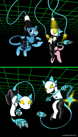 after_transformation ambiguous_gender black_background black_slime blue_body blue_fur blue_tail cable_tail duo feral fur geometric_background glowing glowing_eyes goo_transformation grid_background light light_beam mace melee_weapon pattern_background pink_body pink_fur simple_background slime tail transformation weapon yellow_eyes yellow_light nx-42 deltarune nintendo pokemon undertale_(series) tasque_manager generation_1_pokemon legendary_pokemon mew_(pokemon) pokemon_(species) shiny_pokemon 2022 absurd_res hi_res