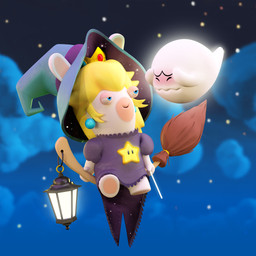 ambiguous_gender anthro blonde_hair blue_clothing blue_ear_piercing blue_eyes blue_hat blue_headwear blue_sky blush blushing_profusely broom broom_riding cleaning_tool clothed clothed_female clothing cloud content_smile crown dress duo ear_piercing eyes_closed featureless_arms female female_anthro flat_chested fur gem glowing glowing_body hair hat headgear headwear holding_wand holidays lamp lantern left-handed legless long_ears looking_at_another magic_user mitten_hands night outside pawpads piercing purple_clothing purple_dress ruby_(gem) sapphire_(gem) sitting_on_broom sky smile smiling_at_another star starry_sky tan_body tan_eyelids tan_inner_ear tan_pawpads tan_skin white_body white_fur witch witch_hat wobbly_mouth laurine_vire halloween mario_bros mario_plus_rabbids_kingdom_battle nintendo raving_rabbids rayman_(series) ubisoft rabbid_peach boo_(mario) lagomorph mammal rabbid spirit 1:1 2019 3d_(artwork) adobe_photoshop_(artwork) autodesk_maya_(artwork) crossover digital_media_(artwork) english_description hi_res official_art substance_painter_(artwork)