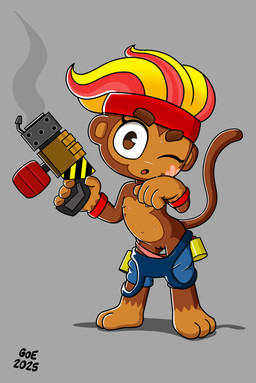 anthro band-aid bandage bodily_fluids brown_body clothing female flat_chested genitals gun looking_at_viewer nipples nude one_eye_closed overalls ranged_weapon simple_background smoke solo standing sweat tail tomboy vulva weapon young young_female goodorevil_(artist) bloons_tower_defense ninja_kiwi gwendolin_(bloons) haplorhine mammal monkey primate 2025 absurd_res hi_res