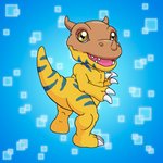 ambiguous_gender biped blue_background blue_markings claws evolution evolution_(transformation) feral horn looking_back markings open_mouth simple_background solo teeth transformation yellow_eyes charlesdoodles bandai_namco digimon agumon digimon_(species) greymon reptile scalie 1:1 hi_res