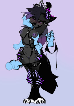 anthro areola barbell_piercing biped black_tail blush bound breasts disembodied_hand female front_view fur genitals ghost_hand grey_body grey_fur hair harness navel nipple_barbell nipple_piercing nipples nude nude_anthro nude_female piercing purple_eyes purple_hair simple_background solo standing tail vulva cocoline_(artist) cocoline canid canine canis mammal wolf absurd_res hi_res