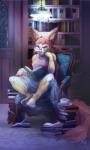 anthro beverage blue_eyes book bow_(feature) bow_accessory chair clothing container cup detailed_background ear_bow eyewear female food fur furniture glasses hair lamp light moonlight paws pink_hair reading shelf smile solo tea window yellow_body yellow_fur jazzycat canid canine fox mammal 3:5 hi_res watermark