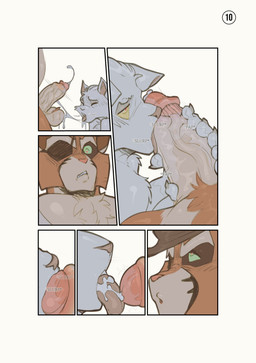 anthro balls big_muscles big_pecs bite biting_lip bodily_fluids brown_clothing brown_hat brown_headwear cheek_tuft chest_tuft clothed clothing cough coughing_cum cum cum_on_balls cum_on_own_balls cum_on_self cum_on_tongue cum_string duo eye_patch eyewear facial_tuft fellatio fur genital_fluids genitals green_eyes handjob hat headgear headwear heart_eyes heart_symbol male male/male muscular onomatopoeia oral orange_body orange_fur pecs penile penis sex shirt sound_effects text tongue topless topless_male topwear touching_penis tuft vein veiny_penis white_body white_clothing white_fur white_shirt white_topwear yellow_eyes scottdeer lackadaisy viktor_vasko virgil_(lackadaisy) domestic_cat felid feline felis mammal absurd_res comic english_text hi_res