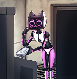 5_fingers :3 anthro big_eyes black_body book casual_nudity closed_smile dirty_floor door eyebrows featureless_chest featureless_crotch fingers front_view holding_book holding_notebook holding_object holding_pencil inside leaning leaning_forward male mouth_closed multicolored_body notebook nude outline pencil_(object) pink_body screen screen_face slim slim_anthro slim_male smile solo standing terminal text thigh_gap three-quarter_view white_body white_outline hostile-elf voices_of_the_void kerfur_omega_(votv) domestic_cat felid feline felis mammal robot_anthro 2025 digital_media_(artwork) portrait shaded soft_shading three-quarter_portrait
