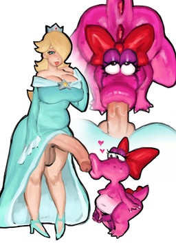 accessory anthro balls big_breasts big_penis blonde_hair blue_clothing blue_dress breasts cleavage clothed clothing clothing_lift crown dress dress_lift duo eyeshadow footwear genitals gynomorph gynomorph/gynomorph hair hair_accessory hair_ribbon headgear heart_symbol high_heels intersex intersex/intersex makeup navel oral penis penis_kissing pink_body ribbons shoes simple_background slightly_chubby slightly_chubby_gynomorph slightly_chubby_intersex tail white_background iheartmaskmen mario_bros nintendo super_mario_galaxy birdo_(character) rosalina_(mario) birdo dinosaur human mammal prehistoric_species reptile scalie absurd_res hi_res