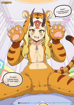 blonde_hair clean_diaper clothed clothing crib diaper diaper_under_clothing female hair horn looking_at_viewer onesie pajamas paws playful rawr solo text tiger_costume wearing_diaper zipper kuma-dasai fate_(series) type-moon ibaraki-douji_(fate) ibaraki_douji_(fate/grand_order) demon humanoid absurd_res english_text hi_res