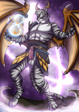 abs anthro claws erection front_view fur genitals glistening glistening_eyes green_eyes hair horn hourglass_(object) humanoid_genitalia humanoid_penis hybrid_genitalia hybrid_penis looking_at_viewer magic_user male male_anthro markings membrane_(anatomy) membranous_wings muscular muscular_anthro muscular_male pecs penile_spines penis smile solo standing striped_arms striped_body striped_fur striped_legs striped_markings striped_tail stripes tail tail_markings tan_wings white_body white_fur white_hair wing_claws wings yellow_horn hufnaar felid mammal pantherine tiger absurd_res hi_res