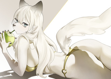 anthro beverage bikini blue_eyes breasts butt clothing coconut coconut_drink dipstick_ears drinking drinking_straw drupe_(fruit) ear_markings eyelashes female food fruit fur gold_bikini hair kemono lying markings multicolored_ears on_front plant side_boob solo swimwear two-piece_swimsuit white_body white_fur white_hair rzsb5n golden_week canid canine fox mammal 2025 hi_res
