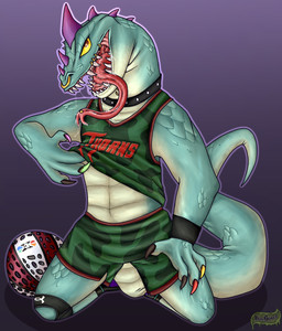 4_fingers abs anthro athletic ball basketball_(ball) basketball_uniform bodily_fluids bottomwear brown_eyes clothed clothing clothing_lift collar drooling facial_piercing fingers gradient_background green_body green_bottomwear green_clothing green_scales green_shorts head_spikes kneeling logo long_tongue looking_at_viewer male multicolored_claws neck_piercing nose_piercing nose_ring open_mouth piercing purple_background purple_spikes ring_piercing roarball_(ball) saliva saliva_on_tongue saliva_string scales sharp_teeth shirt shirt_lift shorts simple_background solo spikes spikes_(anatomy) sportswear tail tank_top teeth thick_neck tongue tongue_out tongue_piercing topwear uniform wristband yellow_sclera xarvax goat_(movie) sony_corporation sony_pictures modo_olachenko komodo_dragon lizard monitor_lizard reptile scalie artist_logo digital_media_(artwork) full-length_portrait hi_res portrait