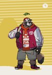 anthro bottomwear brown_body brown_fur clothing fur hat headgear headwear hoodie humanoid_hands jacket leaf male shorts solo text text_on_clothing text_on_hoodie text_on_jacket text_on_topwear topwear cyanroll kuon_(cyanroll) canid canine mammal raccoon_dog tanuki 2020 hi_res