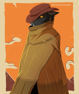 anthro black_body black_fur clothed clothing coat fangs fur hair hat headgear headwear male solo teeth topwear cosmic_noodle fallout microsoft devon_(cosmic_noodle) night_stalker_(fallout) absurd_res digital_media_(artwork) hi_res shaded