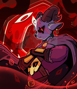 2_horns anthro armor belt black_horn black_inner_ear black_nose black_sclera bracers brown_belt cape clothing crossed_arms ear_piercing ear_ring frown fur grey_body grey_cape grey_clothing grey_fur horn male markings occult_symbol pentagram piercing purple_clothing purple_shirt purple_topwear red_eyes red_markings ring_piercing shirt solo symbol tentacles topwear lost.illustrator demon_bluff baa_(demon_bluff) bovid caprine demon goat mammal 2025 hi_res