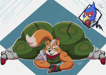 anthro beak big_butt biped blue_body blue_feathers brown_body brown_fur butt clothed clothed_anthro clothed_male clothing curvy_figure duo eyelashes feathers femboy fingerless_gloves fur gloves green_clothing green_eyes handwear headgear huge_butt looking_at_viewer male male_anthro simple_background tail thick_thighs voluptuous voluptuous_anthro rinarooni nintendo star_fox falco_lombardi fox_mccloud avian bird canid canine canis fox mammal absurd_res hi_res