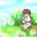 anthro blowing_soap_bubbles bokeh brown_hair bubble claws clothing duo frutiger_aero green_eyes hair hoodie kerchief male neckerchief neckwear outside soap_bubbles topwear white_body yellow_eyes hamu_ym bandai_namco digimon digimon_ghost_game gammamon_(ghost_game) hiro_amanokawa digimon_(species) gammamon human mammal 1:1