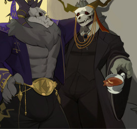 abs anthro biped bone bulge clothed clothing duo horn kabedon looking_aside looking_at_another male male_anthro muscular muscular_male navel neck_tuft pecs red_eyes robe skull skull_head standing tuft kogito the_ancient_magus'_bride elias_ainsworth bovid caprine demon mammal monster hi_res