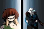 ambiguous_gender animated_skeleton black_sclera bone bottomwear bridal_carry carrying_another cel_shading chara_(undertale) clothed clothing comic cover digital_media_(artwork) duo frisk_(undertale) front_view fully_clothed hi_res human jacket male mammal multiple_images red_eyes sans_(undertale) shaded shirt skeleton skirt smile solo topwear undead undertale undertale_(series) xxmileikaivanaxx_(artist)