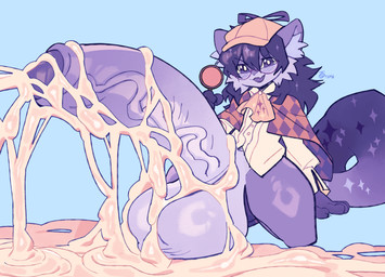 anthro balls big_balls big_penis bodily_fluids clothed clothing cum detective ejaculation erection excessive_cum excessive_genital_fluids fur genital_fluids genitals hair hat headgear headwear hyper hyper_genitalia kemono looking_at_viewer male penis simple_background smile solo tail honeydewt1me taro_(secretaro) mammal digital_media_(artwork) hi_res