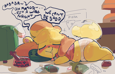 alcohol alcohol_bottle anthro barefoot belly beverage beverage_bottle black_text blush bodily_fluids bone bottle bottomwear bowl bubble clothed clothed_anthro clothed_female clothing container cup drinking_glass drooling drunk drunk_bubble ellipsis eyes_closed feet female female_anthro food fully_clothed fully_clothed_anthro fully_clothed_female glass glass_container glass_cup handpaw head_on_pillow holding_container holding_cup holding_drinking_glass holding_object holding_wine_glass lying navel on_ground open_mouth open_smile pawpads paws pet_bowl pillow pink_pawpads pizza red_clothing red_shirt red_topwear saliva shirt short shorts sleeping slightly_chubby slightly_chubby_anthro slightly_chubby_female smile solo sound_effects substance_intoxication tail tail_motion tailwag text topwear vowelless vowelless_sound_effect white_bottomwear white_clothing white_shorts wine wine_glass yellow_body yellow_tail zzz ligma_(artist) animal_crossing nintendo isabelle_(animal_crossing) canid canine canis domestic_dog mammal shih_tzu toy_dog 2026 digital_drawing_(artwork) digital_media_(artwork) english_text full-length_portrait handwritten_text portrait