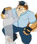 ambiguous_gender anthro biceps bodily_fluids bottomwear brown_body brown_fur clothing crying duo eyes_closed fingerless_gloves fur gloves hair handwear hat headgear headwear male multicolored_body multicolored_fur muscular muscular_male pants pecs shirt simple_background smile tears topwear two_tone_body two_tone_fur white_background nikukyu299paw lifewonders live_a_hero anon barrel_(live_a_hero) canid canine canis human mammal wolf hi_res