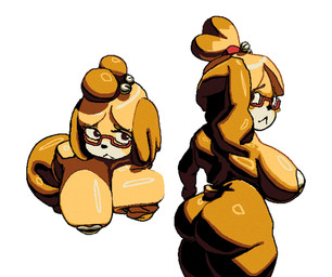 anthro bell big_breasts big_butt breasts butt eyewear female glasses hair looking_at_viewer nude shortstack simple_background solo tied_hair oppmann animal_crossing nintendo isabelle_(animal_crossing) canid canine canis domestic_dog mammal hi_res