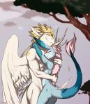 ambiguous_gender anthro antlers butt day duo eyes_closed feathers gloves_(marking) hair horn hug long_ears long_hair male markings nude outside pink_hair plant raised_tail side_view simple_background size_difference smile tail tail_tuft tree tuft white_body white_feathers wings cerezo mythology eris siegfried angel_dragon dragon jackalope lagomorph mammal mythological_creature mythological_scalie scalie hi_res