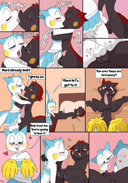 animal_genitalia anthro anus balls balls_touching bed big_tail black_body black_fur bottomwear buckteeth cheerleader_outfit clothed clothed_male clothing crop_top crossdressing dialogue digitigrade duo erection fur furniture genitals heart_symbol kissing looking_at_another looking_at_partner lying lying_on_bed male male/male midriff multicolored_body multicolored_fur no_underwear nude_male on_back on_bed penis_kissing pink_body pink_fur pom_poms red_body red_fur rosy_cheeks sheath shirt skirt speech_bubble spiked_tail spikes spikes_(anatomy) tail teeth text topwear two_tone_body two_tone_fur white_body white_fur fuf nintendo pokemon tack_(petokikka) generation_4_pokemon pachirisu pokemon_(species) 2026 absurd_res comic english_text hi_res