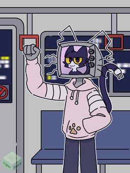 ambiguous_gender anthro biped black_body black_fur black_tail clothing electronics for_a_head fur grey_clothing inside inside_train looking_at_viewer pink_clothing screen screen_face smug solo tail television train vehicle white_body white_clothing white_fur white_tail yellow_sclera aiyhav_nouneim domestic_cat felid feline felis mammal object_head screen_head tv_head 2020 3:4 signature