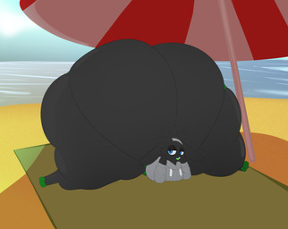 anthro beach beach_towel big_butt black_eyewear black_glasses blue_eyes blue_sky butt clothing cloud day eyewear glasses green_clothing green_mouth green_nose green_thong green_tongue green_underwear grey_body grey_clothing grey_ears grey_hair grey_hoodie grey_topwear hair hand_on_face hand_on_own_face hoodie huge_butt huge_thighs hyper hyper_butt hyper_thighs looking_at_viewer lying male on_front open_mouth open_smile outside sand sea sky smile smiling_at_viewer solo thick_thighs thong three-quarter_view tongue topwear towel umbrella underwear water kuroyami nintendo pokemon reathe_(character) generation_8_pokemon lagomorph leporid mammal pokemon_(species) rabbit raboot 2026 absurd_res cel_shading colored digital_media_(artwork) hi_res shaded