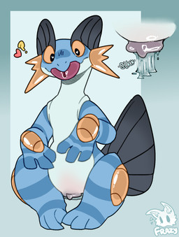 animal_genitalia animal_vulva bodily_fluids canine_genitalia canine_vulva female feral genital_fluids genitals sitting solo tongue tongue_out vaginal_fluids vulva frazy nintendo pokemon generation_3_pokemon pokemon_(species) swampert hi_res