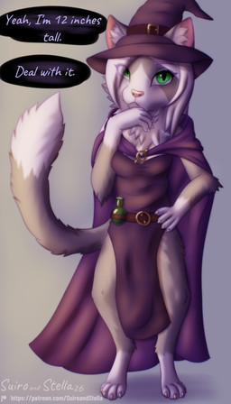 4_toes anthro belt claws cloak clothing dialogue dipstick_tail dress feet female female_anthro fluffy fur green_eyes grey_body grey_fur hair hat headgear headwear hood long_hair looking_at_viewer magic_user markings paws potion_bottle simple_background soft_lighting solo speech_bubble standing tail tail_markings text toes white_body white_fur white_hair witch witch_costume witch_hat stellaamoris sarah_vesper domestic_cat felid feline felis mammal 4:7 absurd_res digital_media_(artwork) digital_painting_(artwork) english_text full-length_portrait hi_res painting_(artwork) portrait